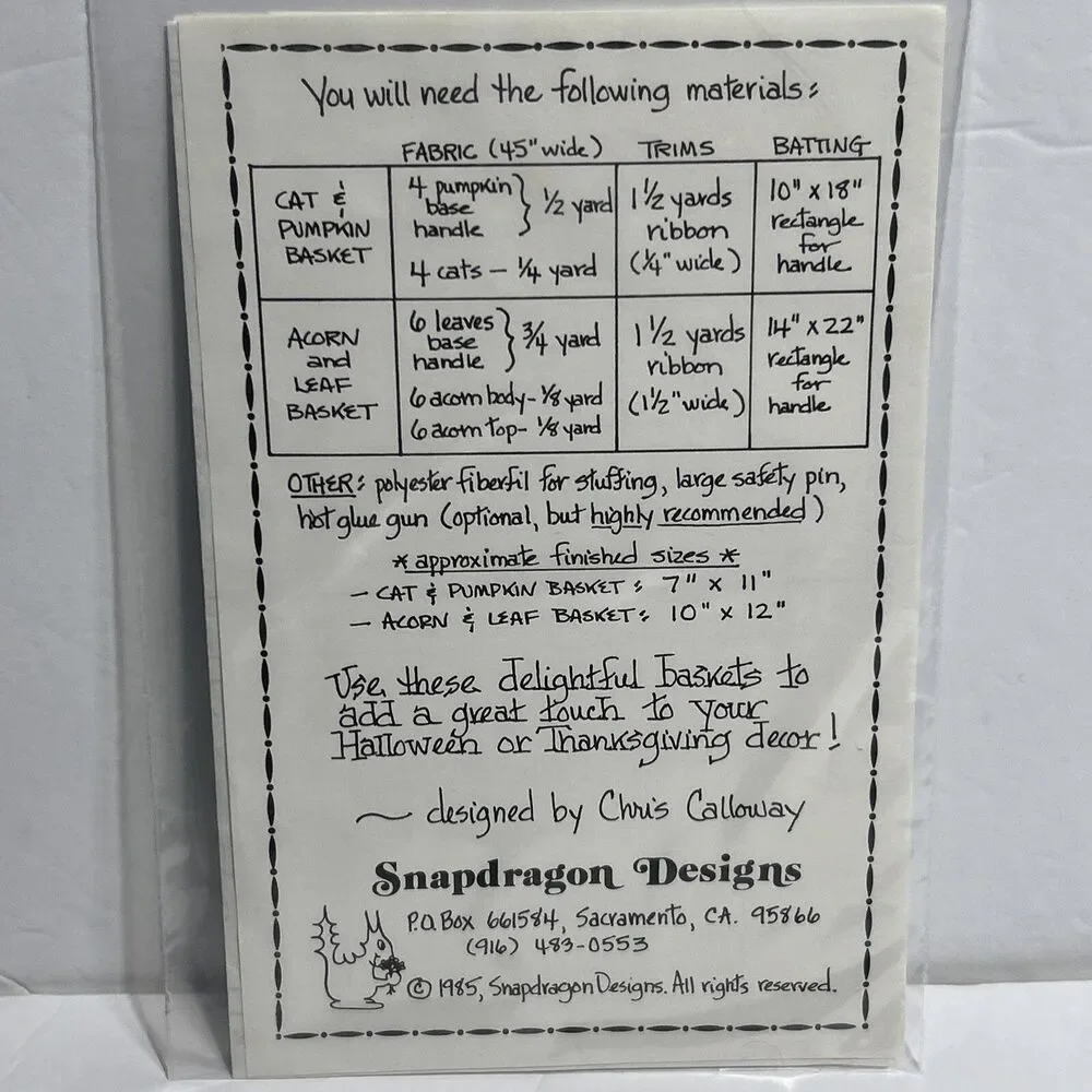 Fall Baskets Pumpkins/Cats/Leaves Snapdragon Designs NEW Vintage Sewing Pattern